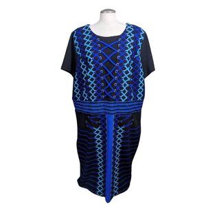 Ashley Stewart New Dress Size 30 32 Lace Up Front Short Sleeve Black Blue Print